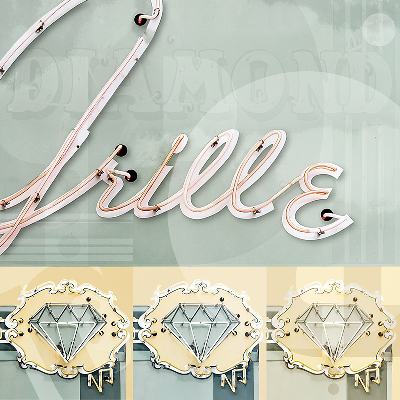 collage, Diamond Grill restaurant sign, Akron, Ohio