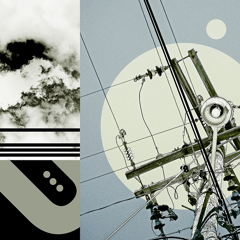 collage, clouds, letter forms, and wires