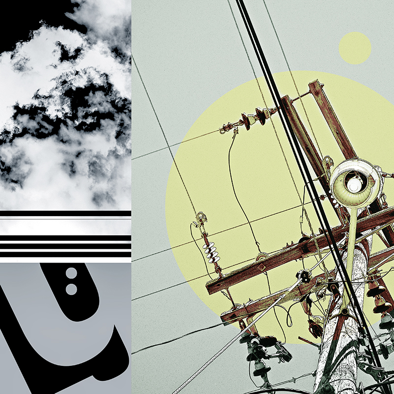 collage, clouds, letter forms, and wires