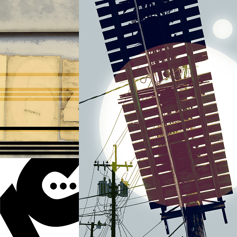 collage, sign, letter forms, and wooden electrical platform