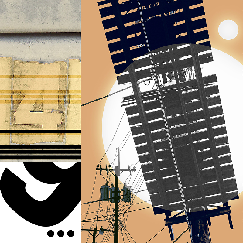 collage, sign, letter forms, and wooden electrical platform