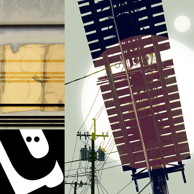 collage, sign, letter forms, and wooden electrical platform